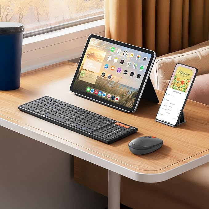 MEETION Foldable Keyboard and Mouse, Folding Portable Wireless Keyboard Mouse, Full Size Rechargeable 2.4G+Dual Bluetooth Keyboards Combo for Business Travel, for Windows/Mac/iOS/Andriod, iPad/Laptop