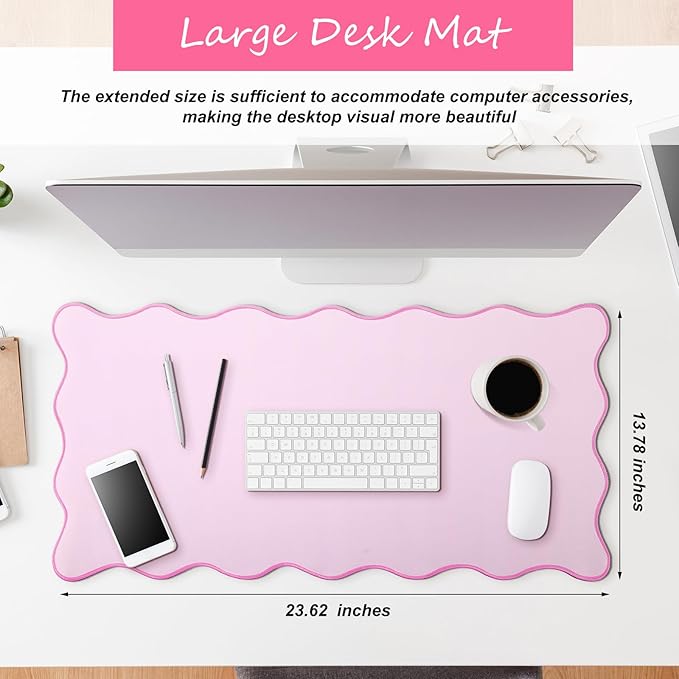 Hahafelt Scalloped Desk Mat Large Scalloped Piping Cute Desk Mat Aesthetic Preppy Table Pad Large Nonslip Pad with Edge Stitching Waterproof Gaming(Pink,23.6 x 13.8 Inches)