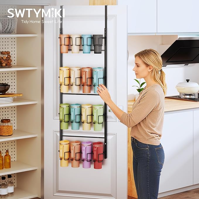 SWTYMIKI 4-Tier Water Bottle Organizer – Over the Door Stanley Cup Holder, Cup Organizer for Door or Wall Mount Option, Stanley Accessories for Pantry, Dorm, Office, RV Use, Black