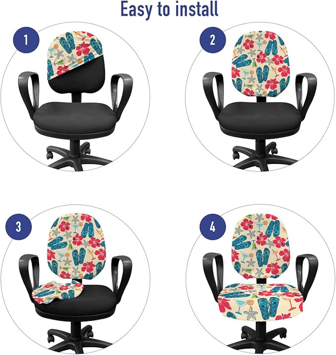 Ambesonne Flip Flop Office Chair Slipcover, Exotic Summers Hibiscus Flower Starfishes Martini Cocktail and Beach Sandals, Protective Stretch Decorative Fabric Cover, Standard Size, Blue Red