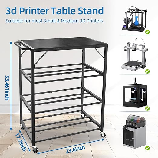 3D Printer Stand with Filament Storage Rack - 3D Printer Table Rolling Printer Cart on Wheels, Heavy Duty Metal Filament Spool Holder Organizer, 3D Printing Workstation for 48 Filament Spools (Black)