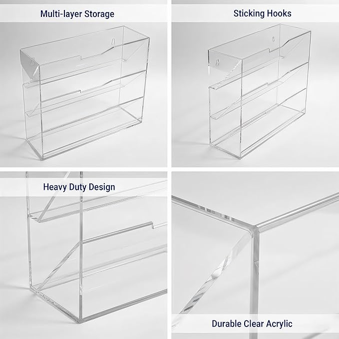 Hanging Wall File Organizer with 4 Pocket Tier - Acrylic Vertical Mail File Folder Holder Wall Mount Mail Magazine Rack with Bottom Tray for Office Home Countertop, Clear