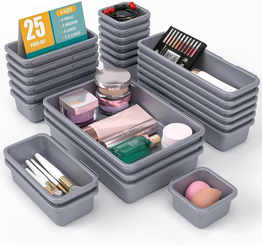 25 PCS Drawer Organizer Set, 4 Size Makeup Drawer Divider Organizer With Non-Slip Pads, Interlocking Plastic Storage Bins for Office,Jewelry Vanity,Gadgets, Bathroom,Kitchen, Grey