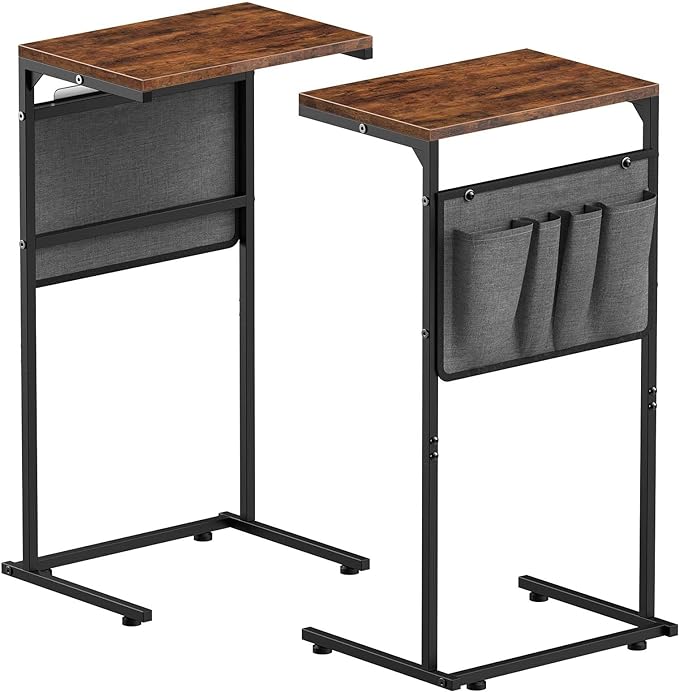Vantic C Shaped End Table Set of 2, Small Side Table for Couch and Recliner, Slide Under Sofa Tray Desk with Storage Bag for Living Room and Bedroom, Rustic Brown