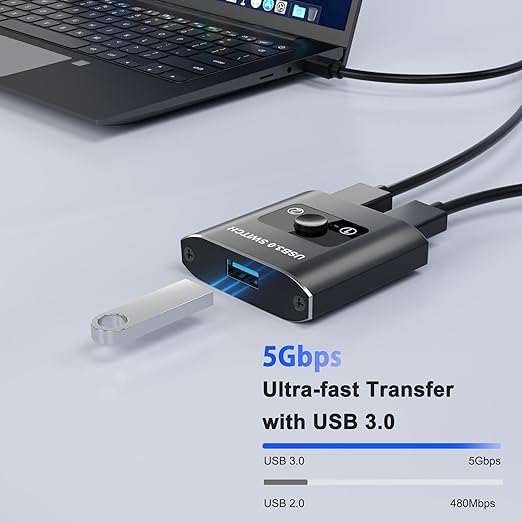 USB 3.0 Switch, Bi-Directional USB Switch 1 in 2 Out/2 in 1 Out, USB Switcher 2 Computers Sharing Devices Like for Printer, Keyboard, Scanner, Mouse, USB KVM Switch Compatible with Mac/Win/Linux