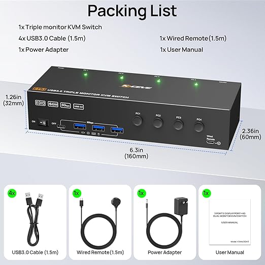KVM Switch 3 Monitors 4 Computers 4K@60Hz,EDID Simulation,USB 3.0 HDMI Displayport KVM Switch Triple Monitor for 4 PC Share 3 Monitors and Keyboard Mouse Printer,with Wired Remote and 4 USB Cables