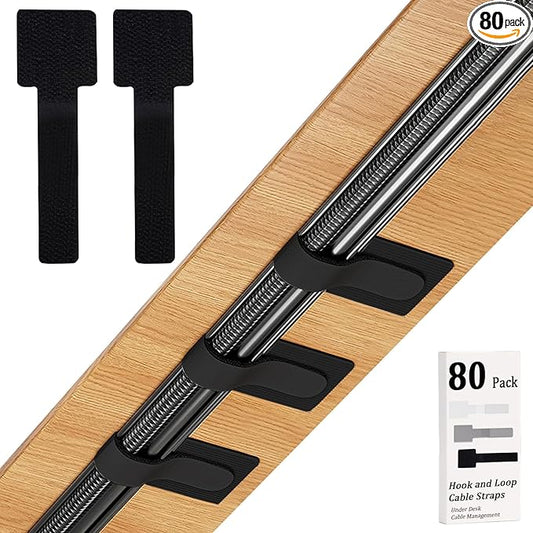80PCS Hook and Loop Cable Straps, Cable Management Under Desk, Adhesive Cable Ties, Reusable Wire Organizers for Cords, Cords Management, Computer Accessories for Desk, Home Office Essentials, Black