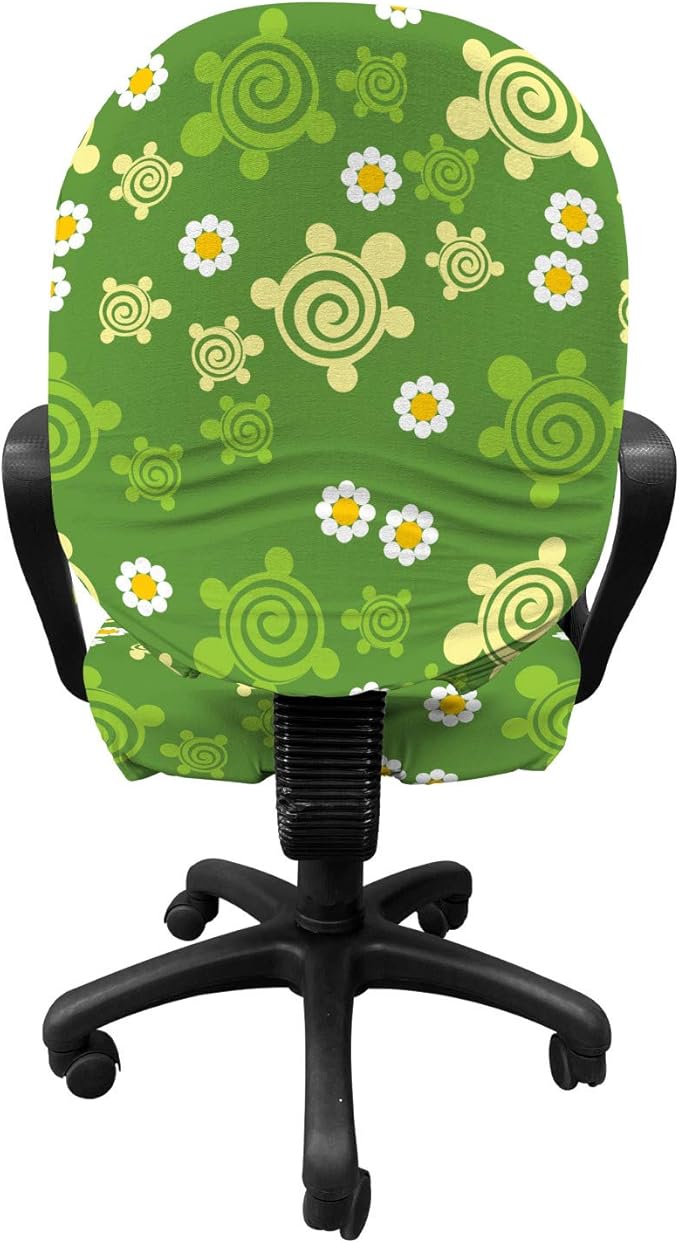 Ambesonne Turtle Office Chair Slipcover, Spring Revival Inspiration Chamomile Illustration and Vortex Flower Design, Protective Stretch Decorative Fabric Cover, Standard Size, Yellow Green