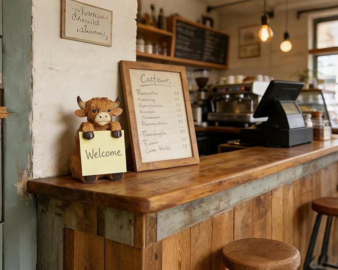 Highland Cow Pop-up Sticky Note Dispenser, Includes 1 Pad of 3x3 in Super Sticky Notes, 100 Sheets, Resin Cute Handmade Desk Holder for Office & Home-Brown