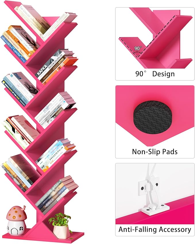 SHEEPAM 10 Tier Tree Book Shelf, Floor Standing Wood Bookshelf for Narrow Space, Storage Organizer Bookshelves for Books/CDs/Magazine, Bookcase with Shelves for Home Office, Living Room - Pink