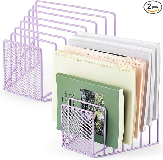 2 Pcs 7 Section Wire File Organizer for Desk, Metal Mesh Incline File Holder, Letter & Magazine Folder Rack, Desktop Paper Sorter for Home Office School (Purple)