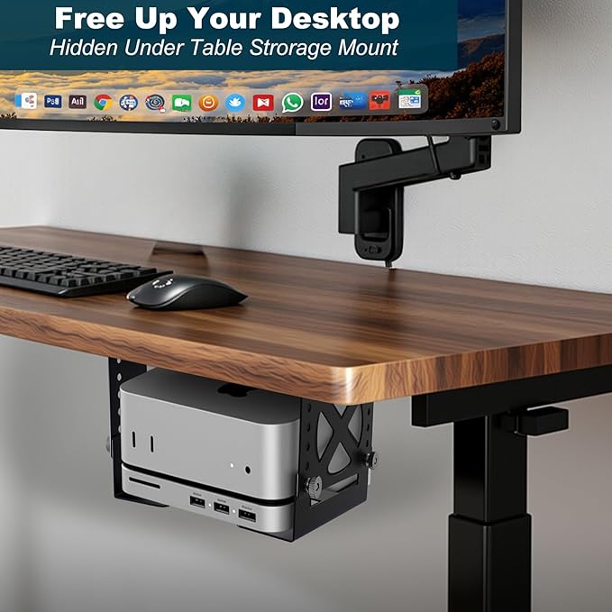 Adjustable Under Desk Mini PC Mount, 6-Level Height (1.7" to 3.3"), Width Adjustable Metal CPU Holder for Mac mini M4, Small PCs, Universal Adjustable Mount, Space Saving