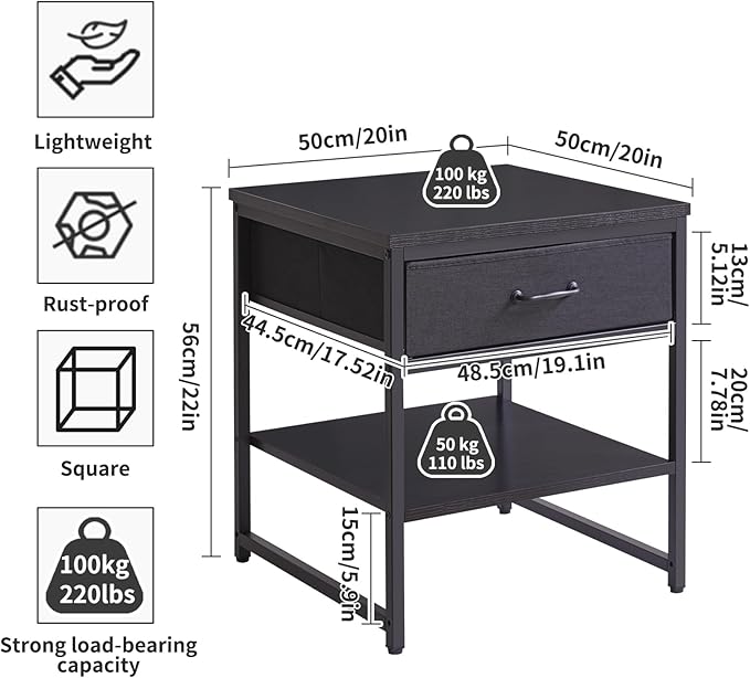 Aibiju Adjustable Side Table with Drawers, Refrigerator Table,Square Coffee Table, Large Printer Stand, End Table Black YD-TM156B