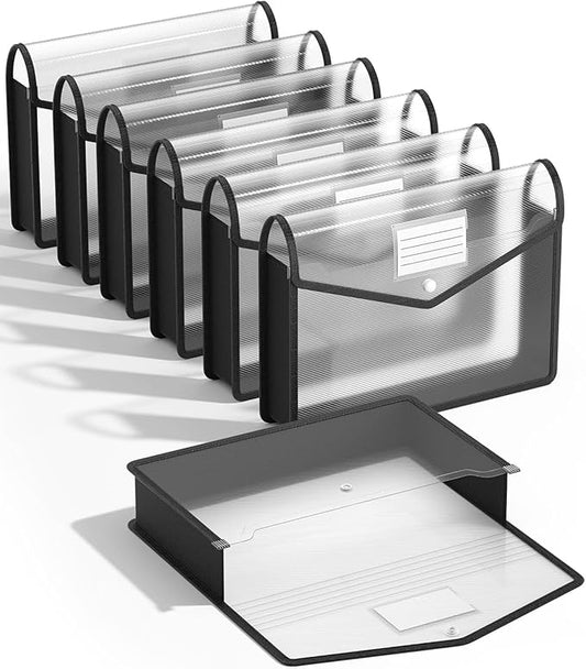 7 Pack Plastic Expanding File Folder, Transparent Envelopes with Snap Closure, No Dividers, Large Capacity, Black File Folder Organizer Holder, Bills&Taxes, Legal/B4 Size for School/Office/Home
