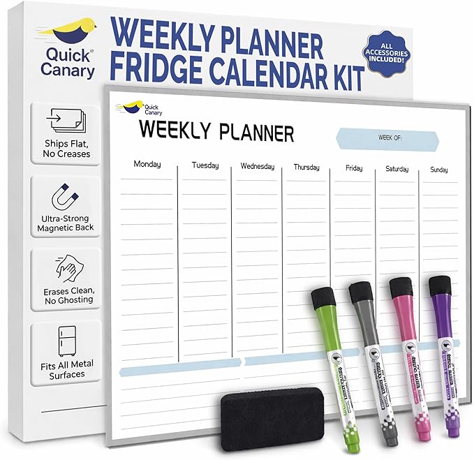 Magnetic Weekly Planner for Fridge - 17x12” Stain-Resistant Dry Erase Whiteboard Fridge Calendar with Large Writing Space for Schedules, Chores & Meals - Includes 4 Markers & Eraser