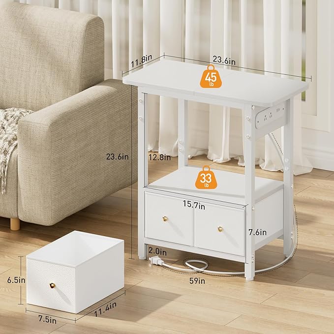 HLDIRECT Nightstand with Charging Station, Bedside Table with 2 Fabric Drawers and Large Storage Shelf for Small Space, End Table with Outlet and USB Ports for Living Room, Bedroom (White)