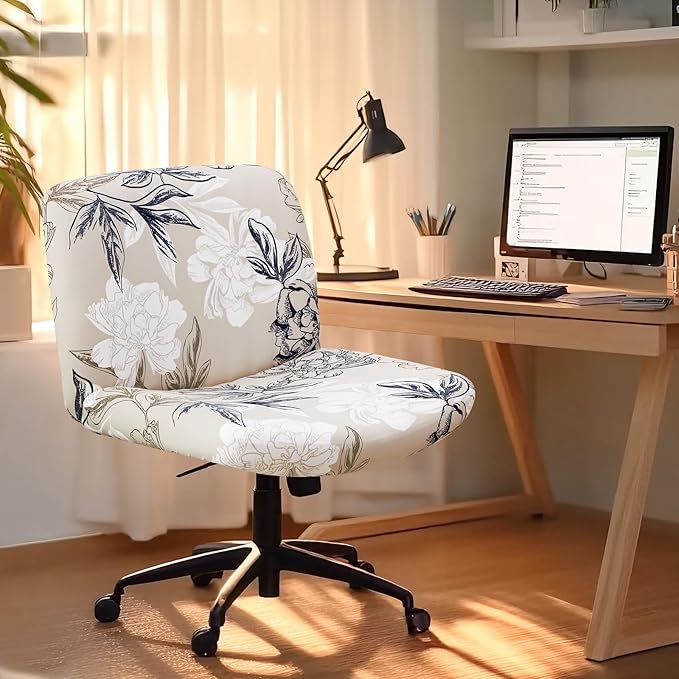 Criss Cross Chair Cover Waterproof Elegant Flower Wide Armless Vanity Desk Chair Slipcover 1 Piece Washable