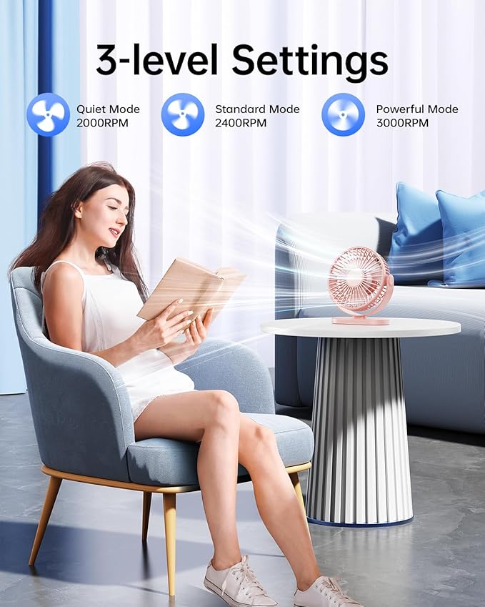 SWEETFULL USB Desk Fan Small Quiet - 3 Speeds Mini Personal Portable Fan 360° Rotation Adjustable, 5.5 Inch Office Table Cooling Gadgets on Desktop (Pink)