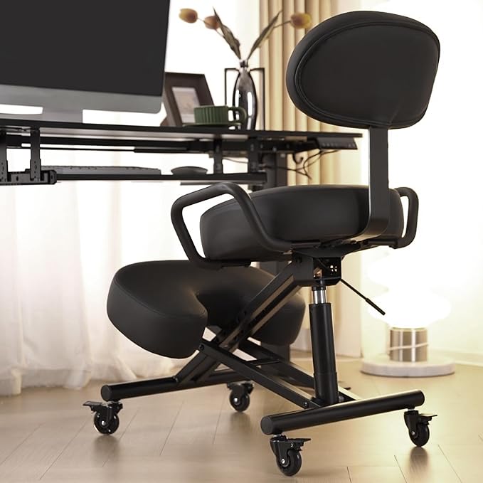 Ergonomic Kneeling Chair with Backrest, Improve Posture, Thick Cushions, Locking Wheels for Home & Office, AKONI 512B (Black)