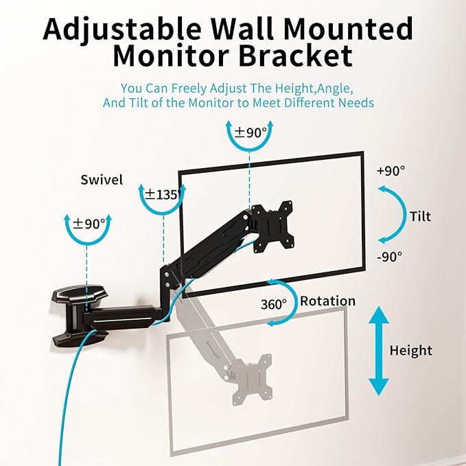 Suptek Single Wall Mount Monitor for 13-32 Inch Screens, Full Motion Adjustable Gas Spring Wall Mount Monitor Arm Holds up to 22lbs, VESA 75x75/100x100 Wall Mount, Black