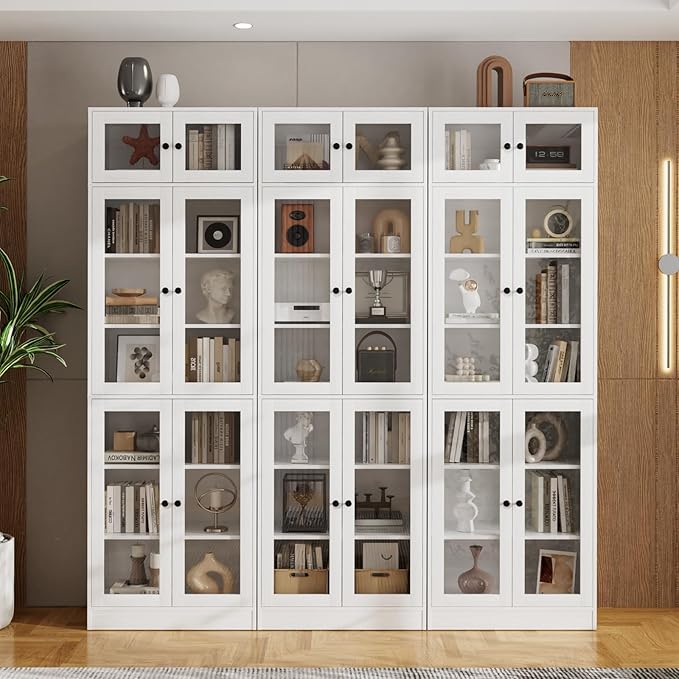 VOWNER 85.5“ H Bookcase with Doors, Wooden Bookshelves and Bookcases for Home Office, Pantry Cabinet with Doors and Shelves, 7-Tier Laundry Room Cabinets, Storage Cabinets for Dining Room (White)
