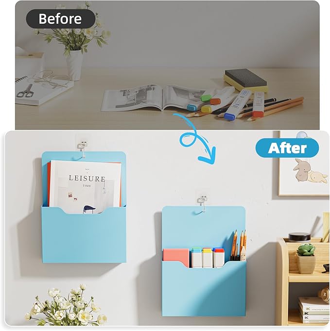Magnetic File Holder - Magnetic Paper Holder, Pocket Organizer Office Supplies Storage Mail Organizer for Notebooks,Planners,Letter (Blue)
