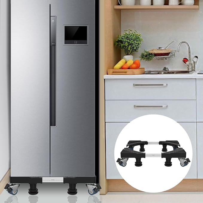 Mini Fridge Stand with 4 Locking Twin Wheels Washing Machine Stand Base 4 Strong Feet Adjustable Universal Mobile Roller Base for Furniture Portable Refrigerator Dryer Stand 45-65 cm(Black, 440LB)