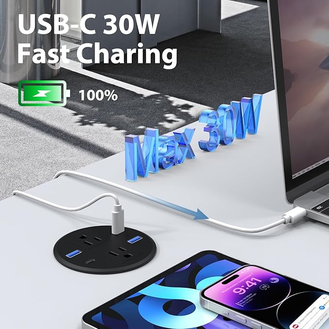 Recessed Power Grommet with AC Outlets, 3.15inch Desktop Power Grommet Outlet,30W PD Fast Charge for Deskt - Flush-Mount Recessed Power Strip,Home and Workspace Essential Desk Outlet