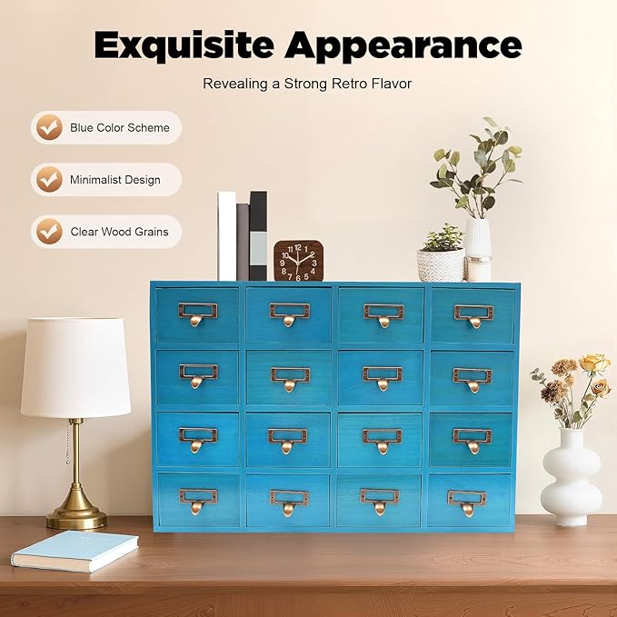 16-Drawer Wooden Desk Organizer Storage Box with Label Holders Vintage Wood Desktop Organizer, Desk Drawer Unit Collectors Box for Living Rooms, Bedrooms, Offices (Blue, 1PC, 16 Drawers)