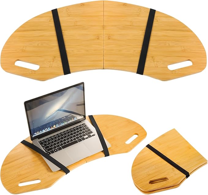 GlikCeil 29.5" Wood Curved Lap Desk Table Tray with Handles Wooden Foldable Desk Curved Bed Lap Board Keyboard Tray for Laptop Computer Mouse(Wood Color)