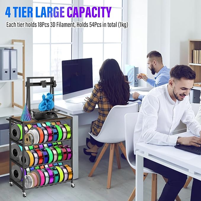 4-Tier 3D Printer Stand for Filament Storage,Heavy Duty 3D Printer Table Cart Holds 52 Spools,3D Printer Filament Rack with Wheels & Wood Top,3D Printers Cart for Workshop,Studio,Home Office (Brown)