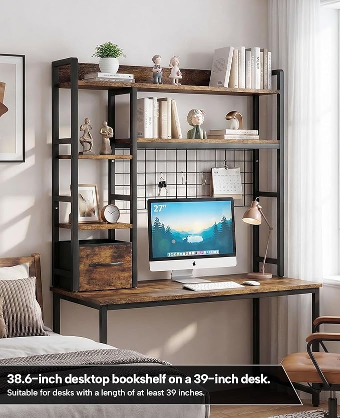 Desk Hutch for Computer Monitor, 38.6" Over Desk Shelf with Grid Panel & Woven Drawer, 4-Tier Sturdy Metal and Wood Tabletop Storage Rack for College Dorm, Home Office, Rustic Brown