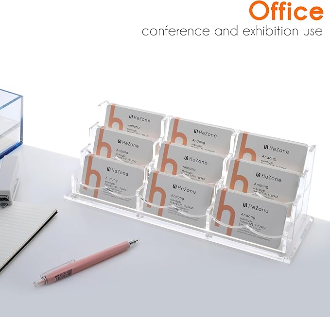 HeZone Business Card Holder for Desk, Multiple Cards Display Stand Rack for Women and Men, Clear Acrylic Card Organizer 9 Slot 3 Tiers