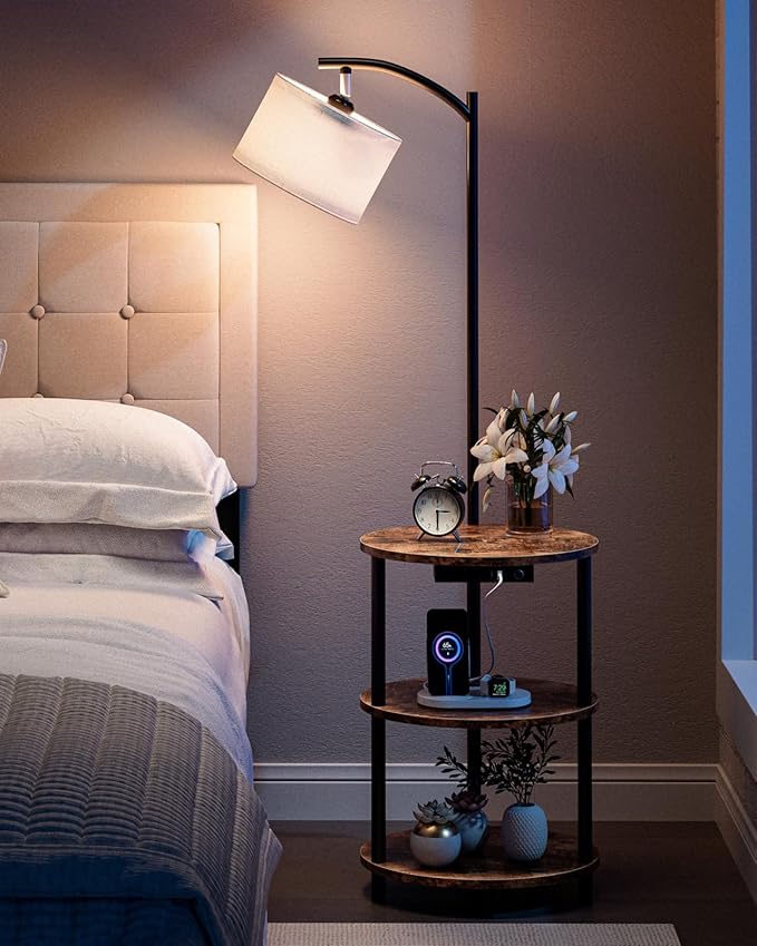 Round Side Table with Lamp and USB Ports, 3-Tier Small End Table for Living Room & Bedroom, Rustic Wood Metal Nightstand for Small Spaces, Easy to Assemble, Rustic Brown