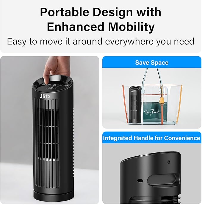 JRD 13'' Tower Fan for Bedroom, Quiet Cooling Desk Fan with Remote, 80° Oscillating, 3 Speed, 4 Mode, 12h Timer, Digital Touch Screen, Portable, Safe Bladeless Table Fan for Home Desktop Office