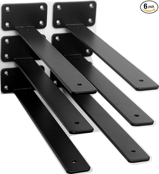 6 Pack - 12 inch Black Hidden L Shelf Bracket (1/5 Inch Thicked) Iron Floating Shelf Brackets Rustic Industrial Metal Brackets for Shelf Support