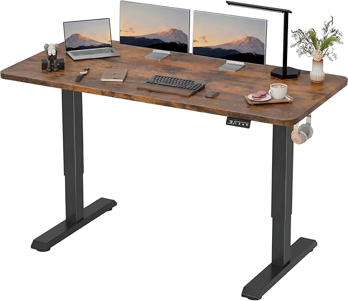 Furmax Electric Height Adjustable Standing Desk Large 63 x 24 Inches Sit Stand up Desk Home Office Computer Desk Memory Preset with T-Shaped Metal Bracket, Brown