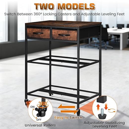 3D Printer Filament Storage Shelf with Drawers& Wheels, Heavy Duty 2-Tier 3D Printer Filament Metal Stand with Storage, Adjustable Filaments Organzied Rack for Workshop Studio Office, 4 Leveling Feet