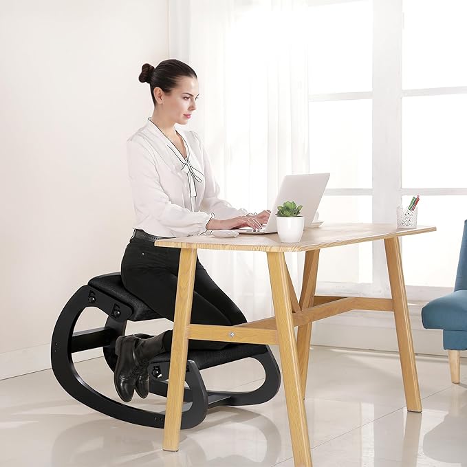 Predawn Adjustable Ergonomic Kneeling Chair – Custom Height Rocking Stool with Thick Cushions, Solid Wood Frame, and Knee Support. Ideal for Office Work or Meditation (Black)