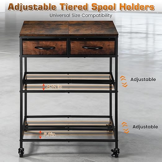 3D Printer Filament Storage Shelf with Drawers& Wheels, Heavy Duty 2-Tier 3D Printer Filament Metal Stand with Storage, Adjustable Filaments Organzied Rack for Workshop Studio Office, 4 Leveling Feet