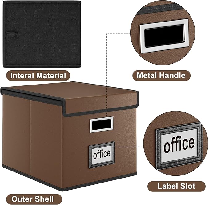 File Organizer Box with Lid, Collapsible Leather File Folder Organizer for Office Document Storage, Filing Box with Plastic Slide for Letter/Legal Size Hanging Files, Dark Brown, 4 pack