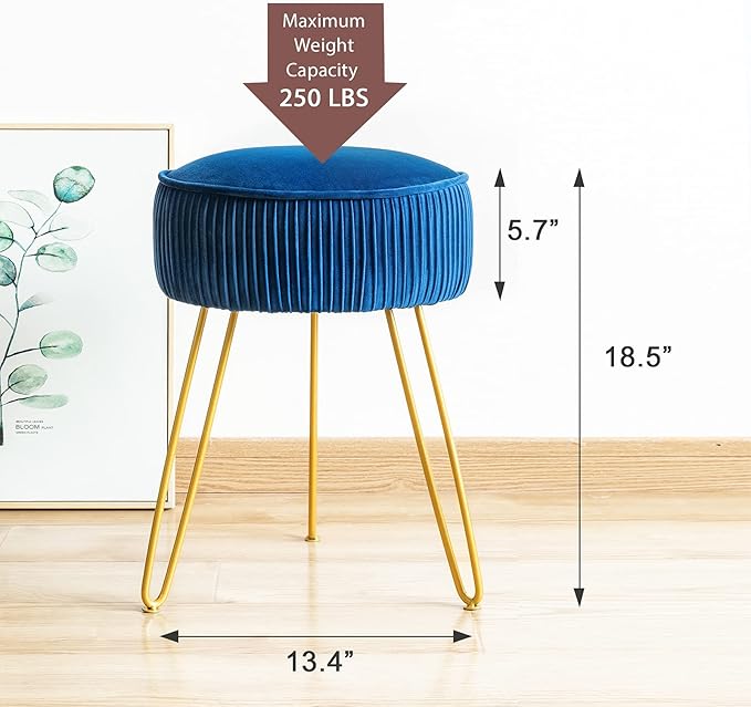 LUE BONA Pleated Vanity Stool, Velvet Upholstered Vanity Stool for Makeup Room, Ottoman Footrest with Metal Legs for Living Room, Bedroom, RoyalBlue