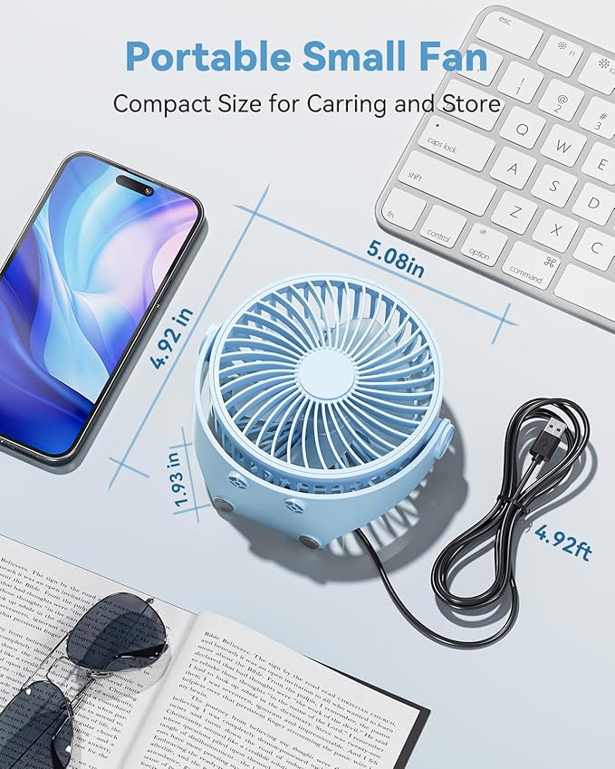 Edvision USB Desk Fan, 5 Inch Mini Portable, 3 Speeds Strong Airflow Personal Desktop, Detachable Cooling Fan 360° Rotation Quiet Small Fan for Desk Home Office Travel Car, Blue, 5ft Cable