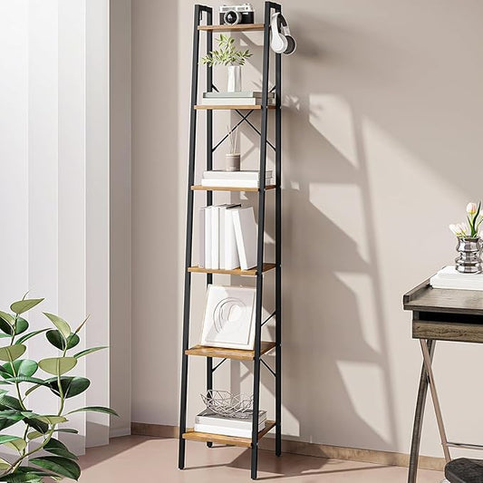 Hzuaneri Ladder Shelf, Bookshelf Bookcase, Freestanding Corner Storage Shelve with 2 Hooks for Home Office, Living Room, Kitchen, Bedroom, Industrial, 11.8"D x 13.4"W x 72.8"H, Rustic Brown BC13301B