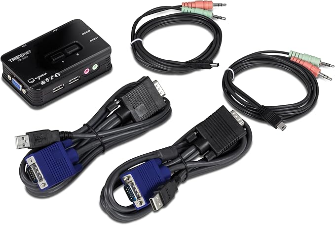 TRENDnet 2-Port USB KVM Switch Kit with Audio, TK-209K, Control Up to 2 Computers, Windows, Linux, Mac OS Compliant, 2048 x 1536 VGA Resolution, NDAA & TAA Compliant, KVM Cables Included, Black