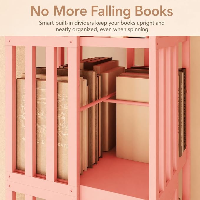 Lauxery Rotating Bookshelf Tower– 6 Tier 360° Spinning Bookshelf | Space-Saving Floor Standing Bamboo Revolving Bookcase for Small Space, Home Offices & Reading Corners |Pink