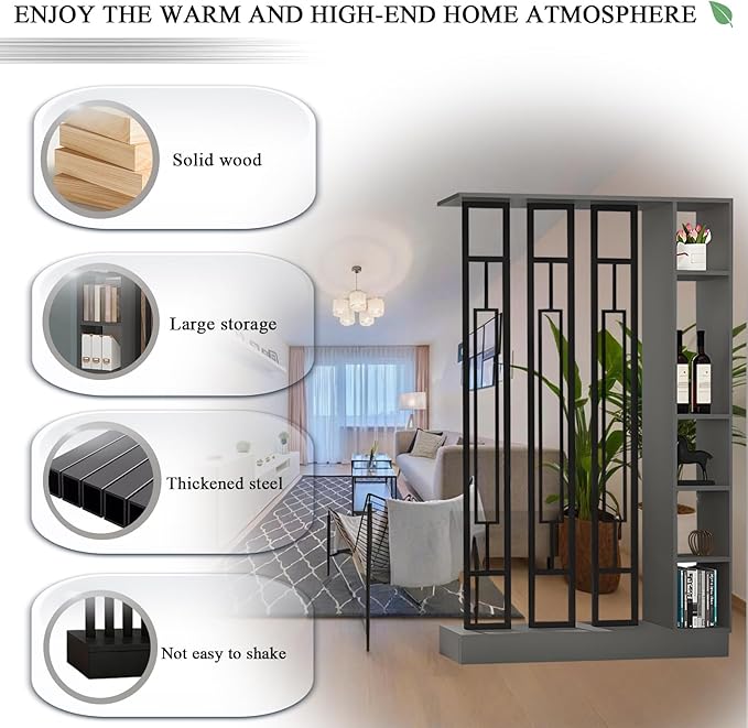 Wall Room Divider - Freestanding Wood Room Divider with Shelves, Wall Divider with Storage Cabinet, Easy Assembly Freestanding Decor for Bedroom, Office