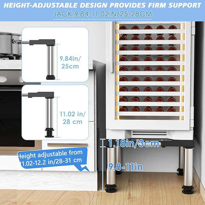 Mini Fridge Stand with 4 Strong Feet Washing Machine Stand Base 9.8"-11" Height Adjustable Universal Stand Base for Portable Refrigerator Dryer Stand Laundry Pedestal for 17.7"-25.6" Appliance, Black