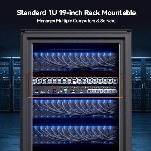 16 Ports KVM Switch HDMI 4K@60Hz EDID Simulation,1U Rack Mount USB 3.0 HDMI KVM Switch for 16 Computers/Servers, with 6 USB3.0 Port,TF/SD,Audio RS232, Wired Remote & 12V Power + 16 USB Cable Included