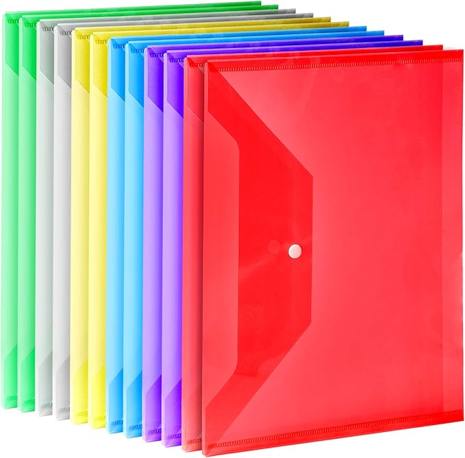 LEOBRO Plastic File Folders, 12 PCS A4 Plastic Envelopes with Snap Closure, Folders for Document, Reusable File Bags, Document Holder, for School Office